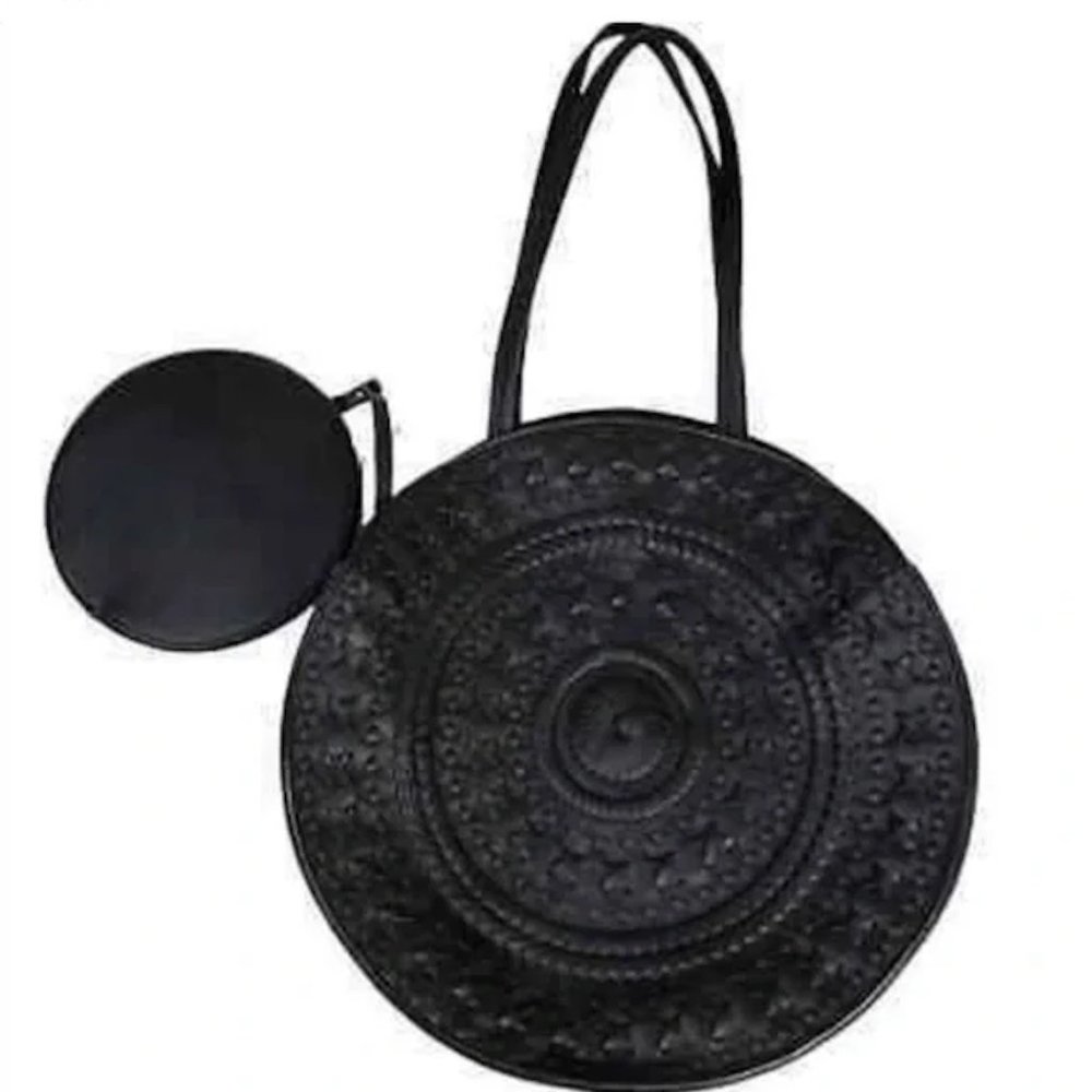 Large Anthropologie black Kelsey Woven Circle Bag with detachable wallet!